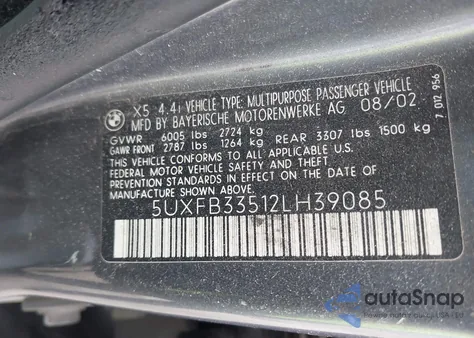 2002 BMW X5 4.4I z USA, uszkodzony, nr VIN 5UXFB33512LH39085